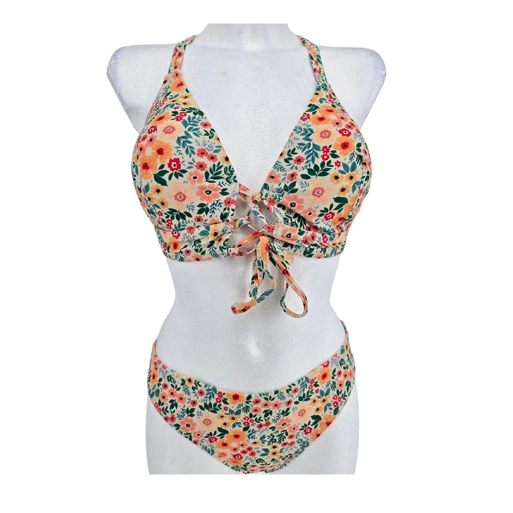 Floral Print Lace Up Bikini Set Orange Green Two Piece Swimsuit Size M